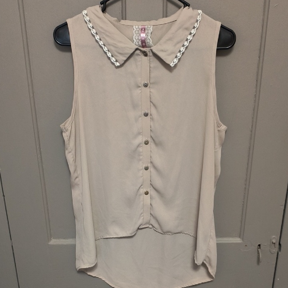 Mauve Beige Sleeveless Blouse with Lace Trim